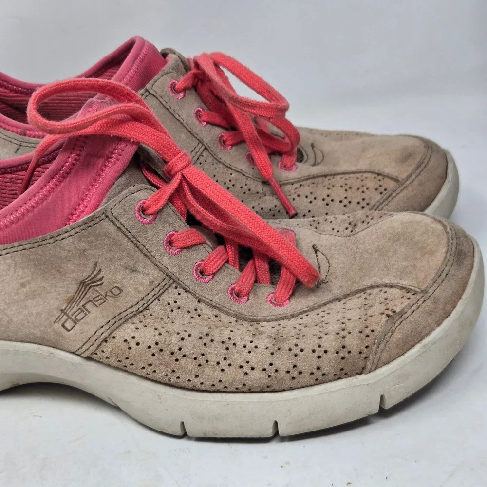 Dansko Womens Taupe Suede Pink Lace Up Comfort Walking Shoes Size 38 Slip Resist